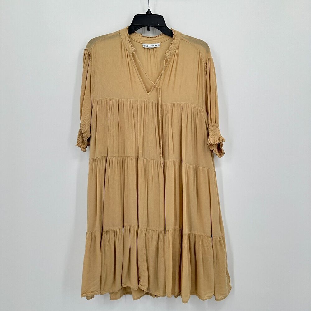 And Now This Mini Dress Womens L Tan Tiered Peasant‎ Smocked Ruffle Boho Cottage